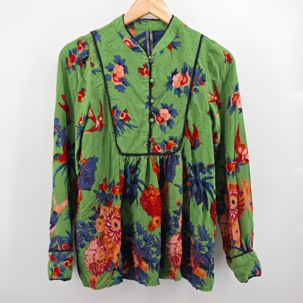 Anthropologie Green Floral Bird Print Blouse XS Boho Button Front Viscose Top